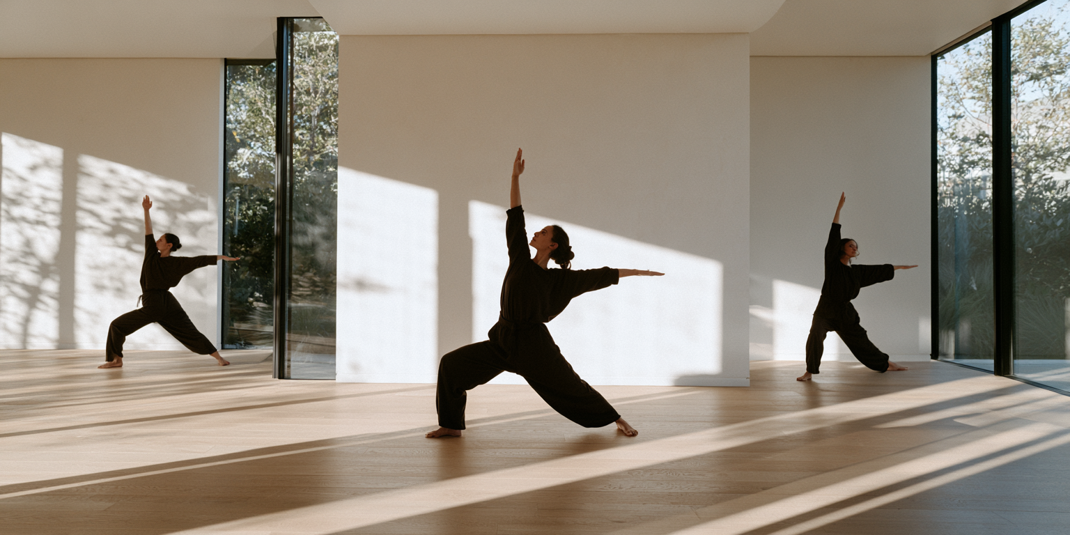 Three figures practicing movement in a sunlit minimalist studio