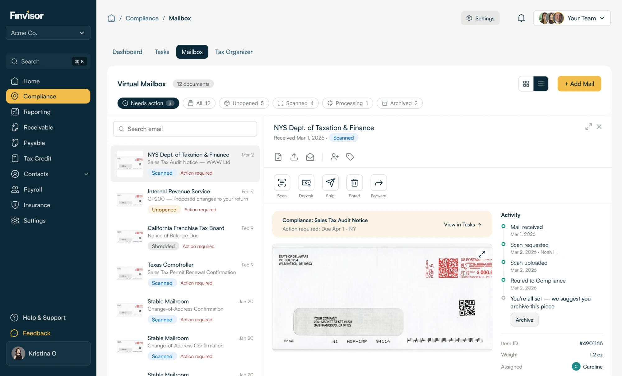 Virtual mailbox screen.