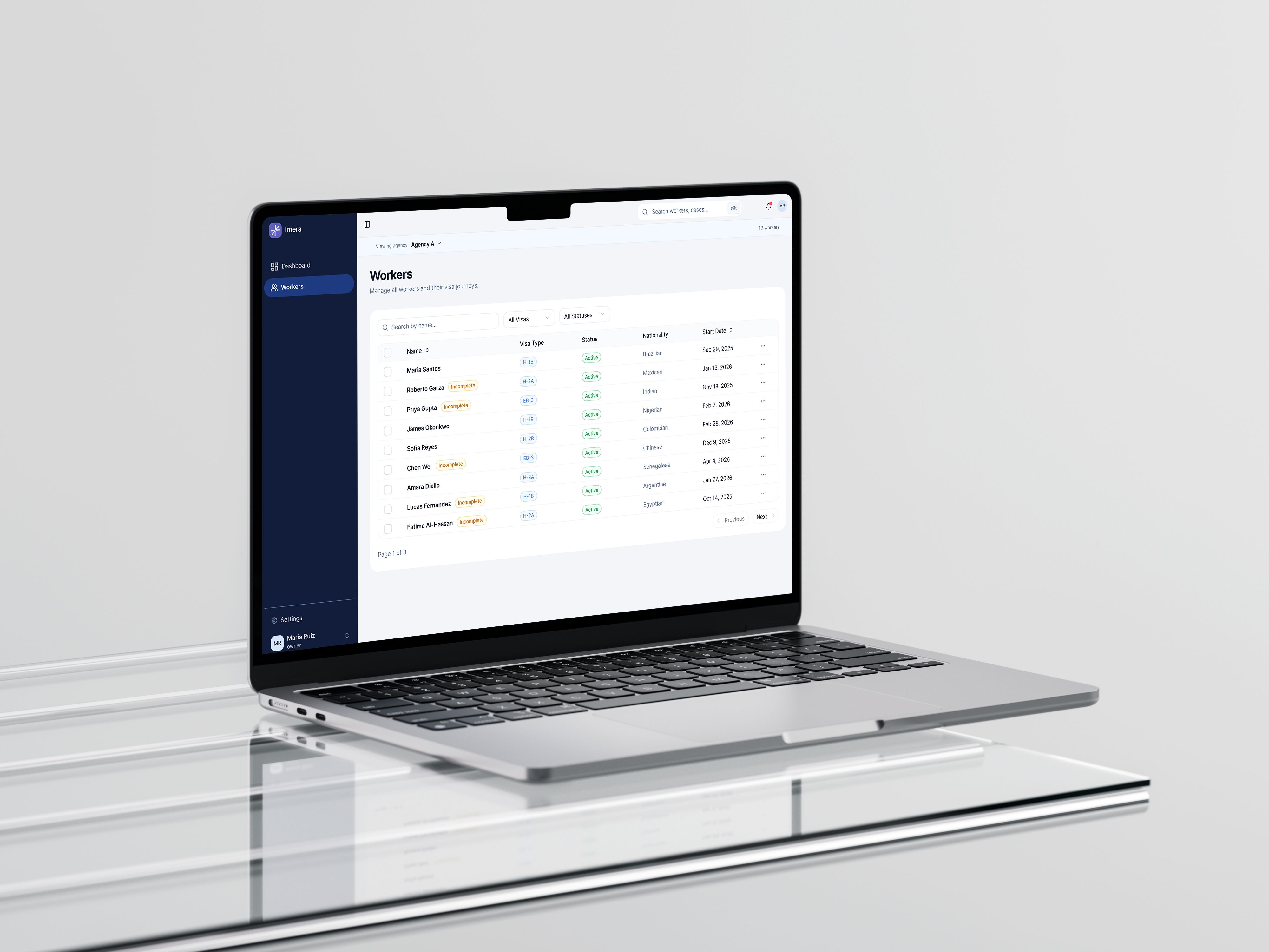 Imera workers dashboard displayed on an angled MacBook Air